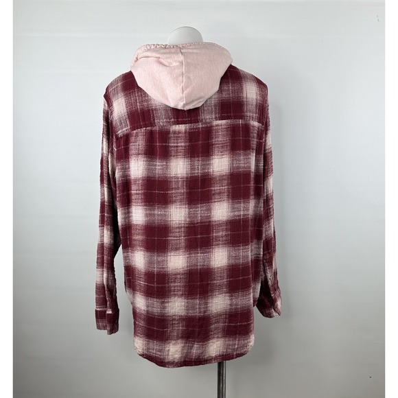 Time and Tru Burgundy & Pink Plaid Flannel Button Up Hoodie Shirt Women's XL - Picture 6 of 10